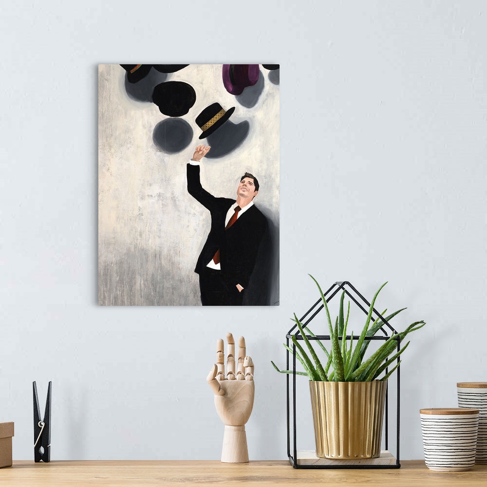 A bohemian room featuring Contemporary painting of a man in a suit tossing a hat into the air along with many others hats.