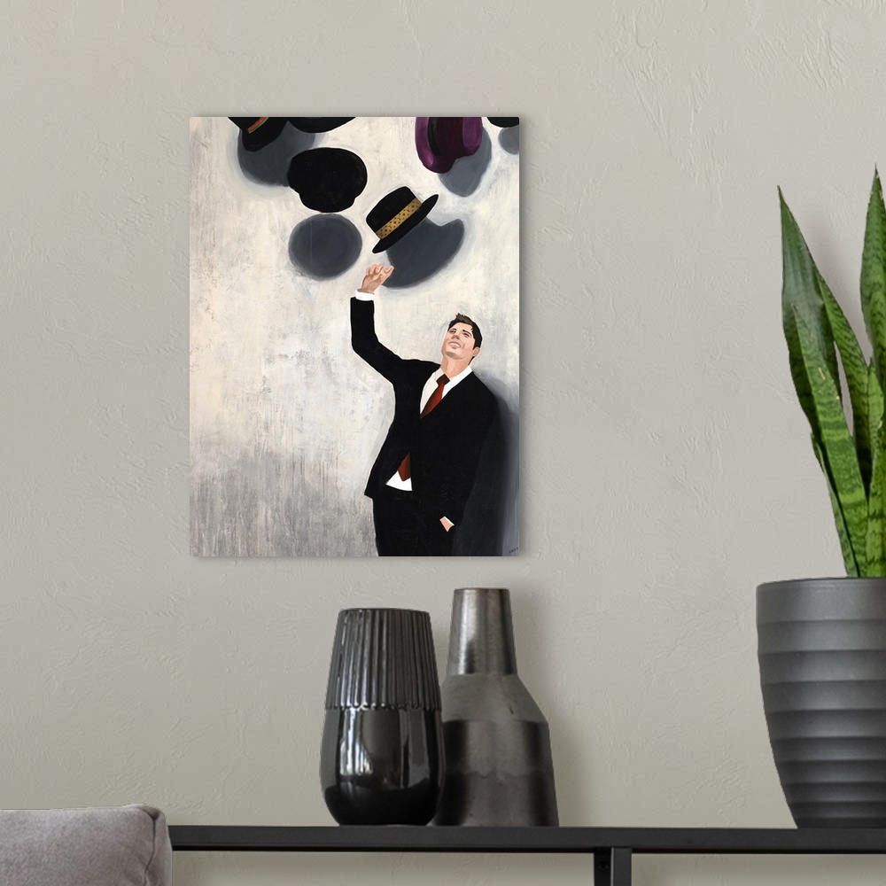 A modern room featuring Contemporary painting of a man in a suit tossing a hat into the air along with many others hats.