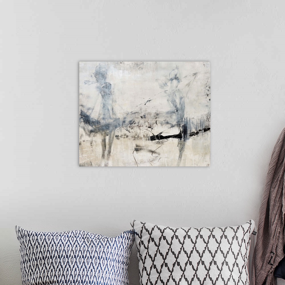 A bohemian room featuring Abstract contemporary painting depicting two faded woman with short skirts walking on a textured ...