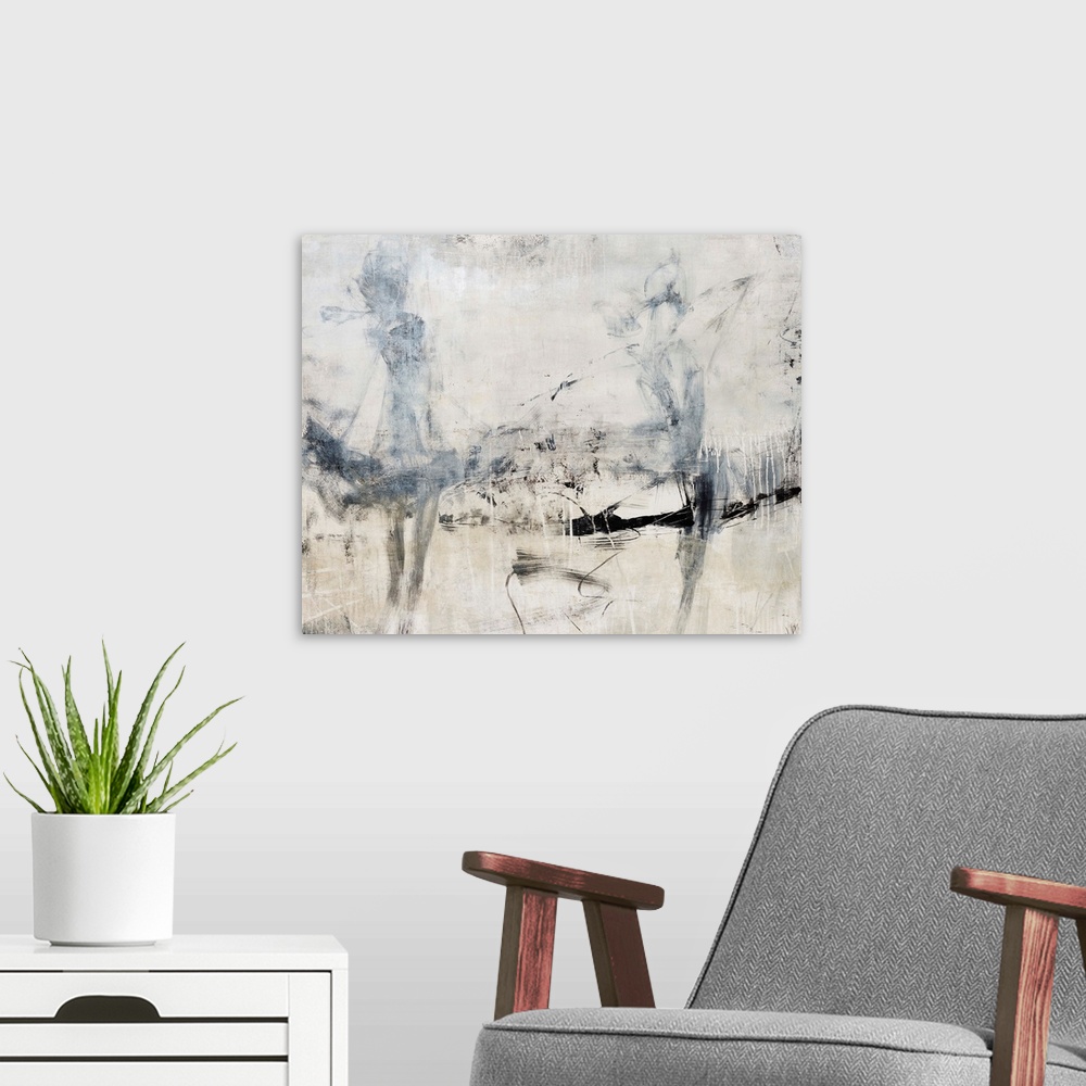 A modern room featuring Abstract contemporary painting depicting two faded woman with short skirts walking on a textured ...