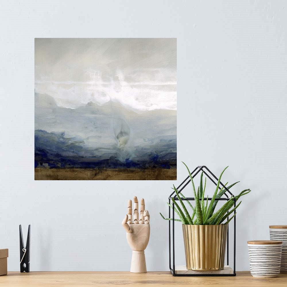 A bohemian room featuring Contemporary painting of a misty landscape with shapes of mountains in the distance.