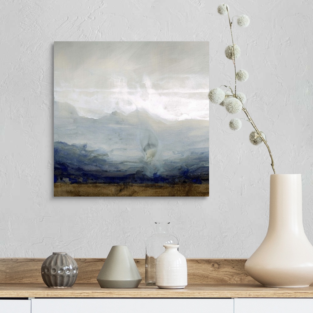 A farmhouse room featuring Contemporary painting of a misty landscape with shapes of mountains in the distance.