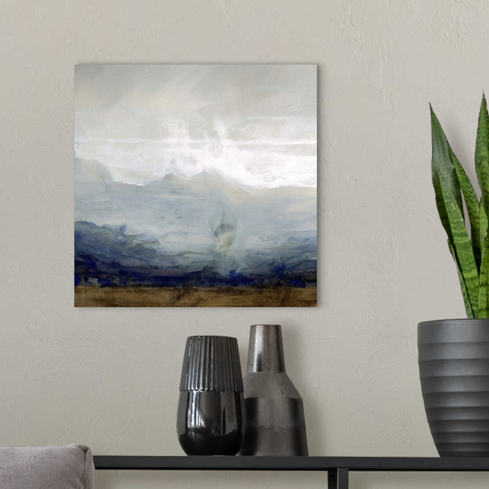A modern room featuring Contemporary painting of a misty landscape with shapes of mountains in the distance.