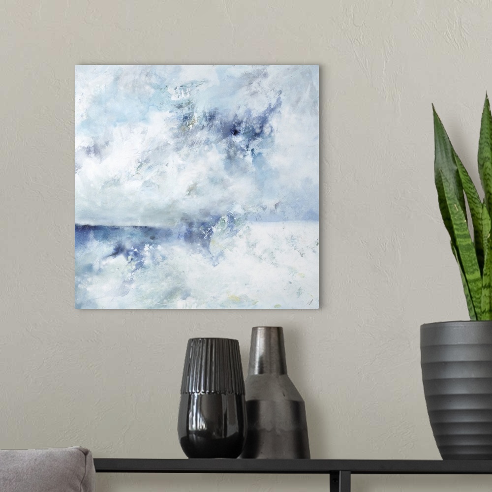 A modern room featuring Hazy square painting in shades of blue, white, and gray with light hints of yellow and green.