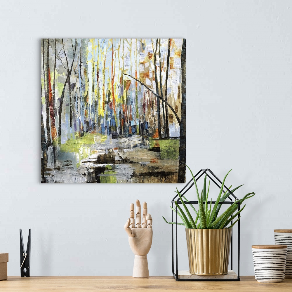 A bohemian room featuring Square abstract landscape with colorful bare trees in a forest setting, reaching to the top of th...