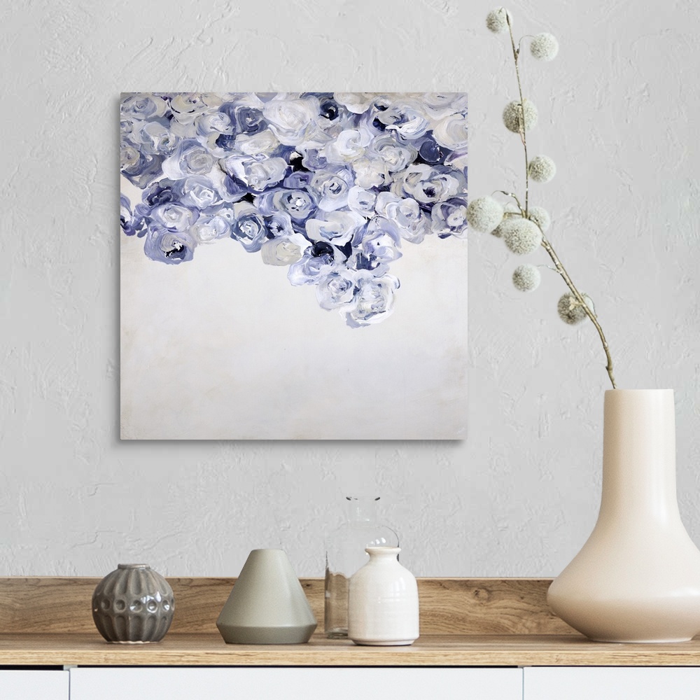 A farmhouse room featuring Contemporary abstract painting on a neutral colored background with indigo, white, and cream circ...
