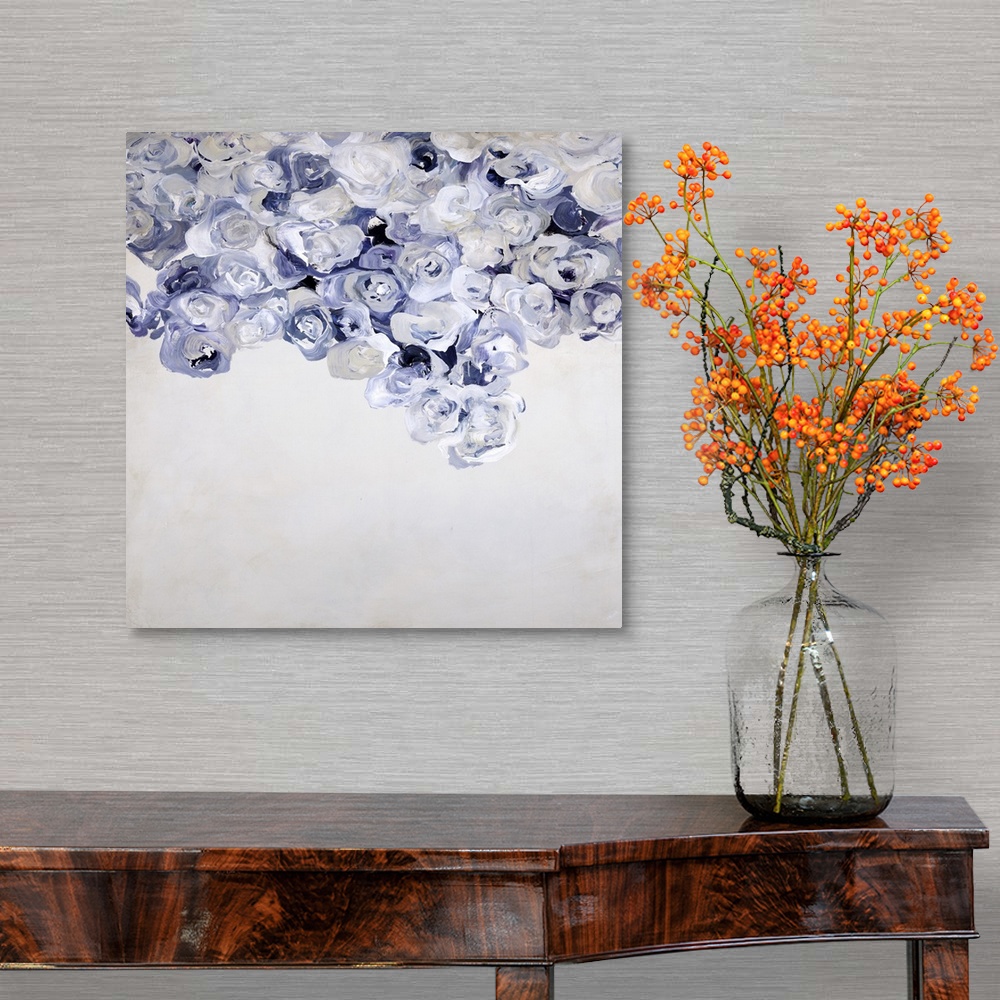 A traditional room featuring Contemporary abstract painting on a neutral colored background with indigo, white, and cream circ...