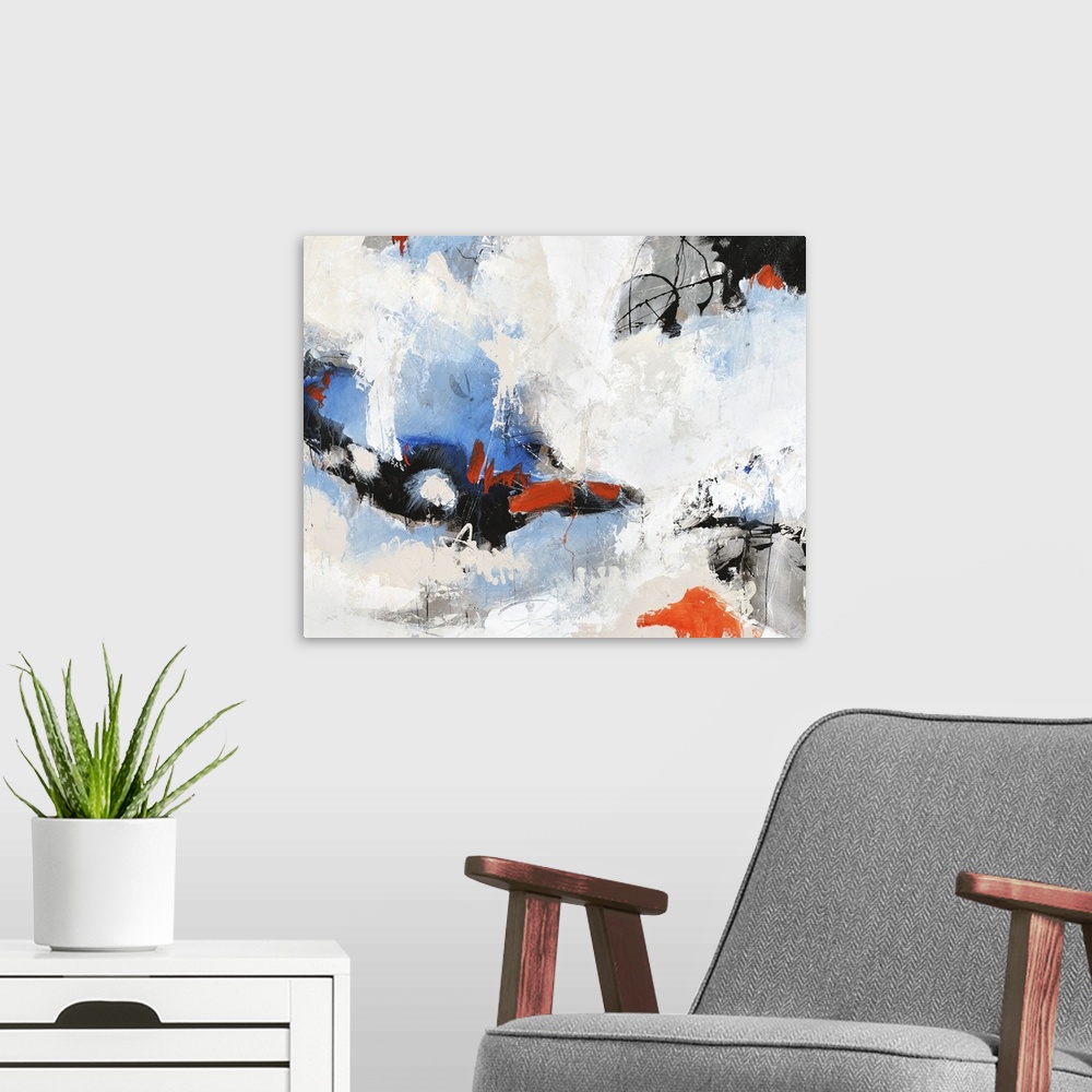 A modern room featuring Contemporary abstract painting with blue and red peeking through clouds of white.