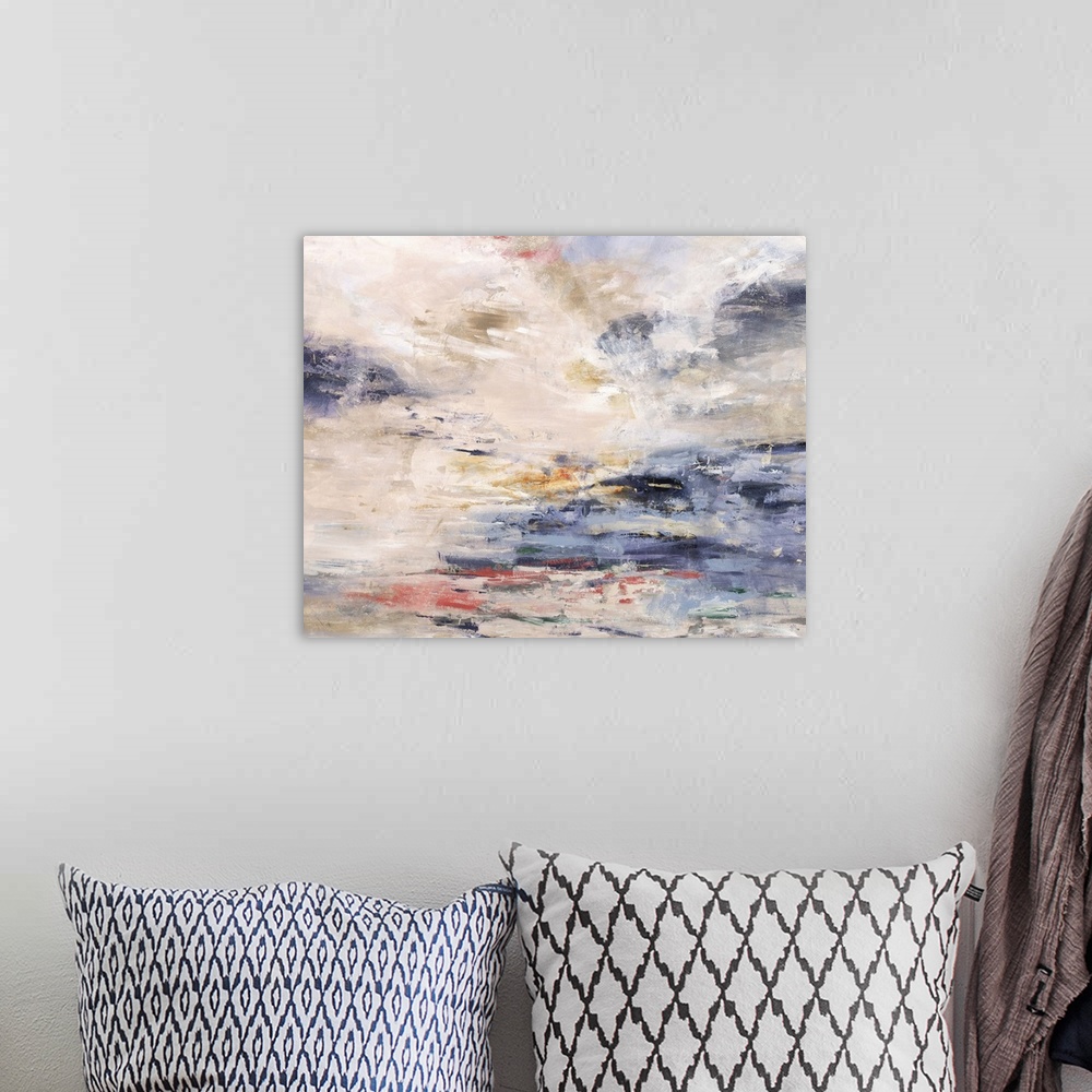 A bohemian room featuring Contemporary abstract painting in shades of pale blue and pink, resembling a pastel sunset.