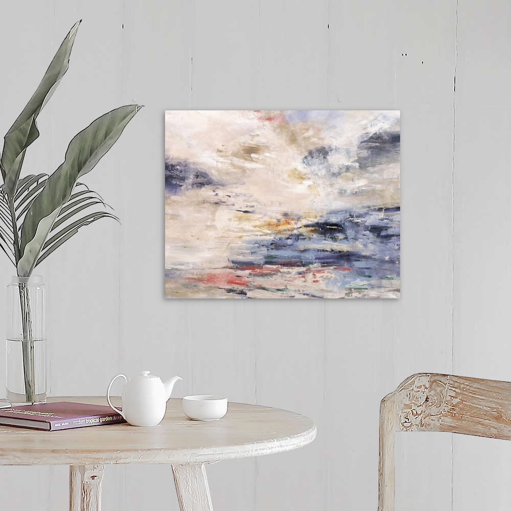A farmhouse room featuring Contemporary abstract painting in shades of pale blue and pink, resembling a pastel sunset.