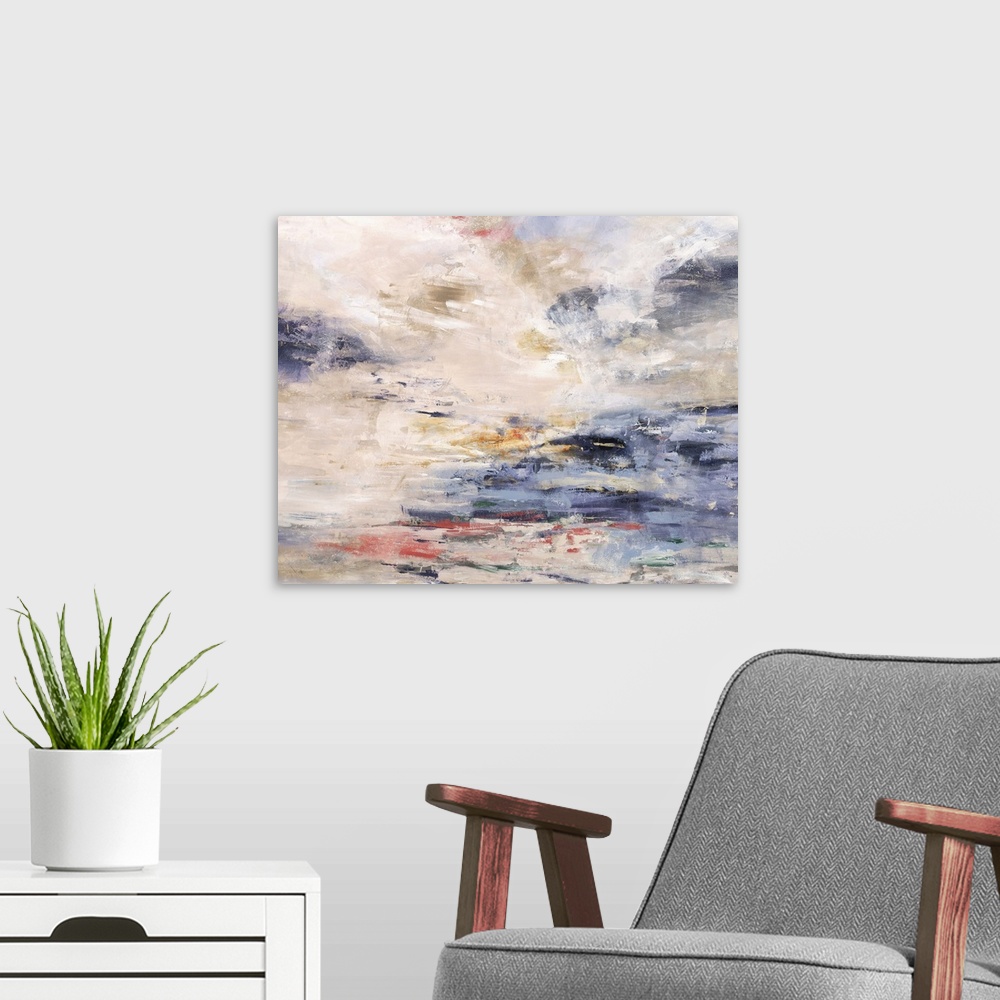 A modern room featuring Contemporary abstract painting in shades of pale blue and pink, resembling a pastel sunset.