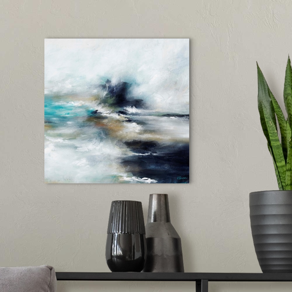 A modern room featuring Abstract painting of waves crashing into a rocky shoreline at high tide, beneath a light cloudy sky.