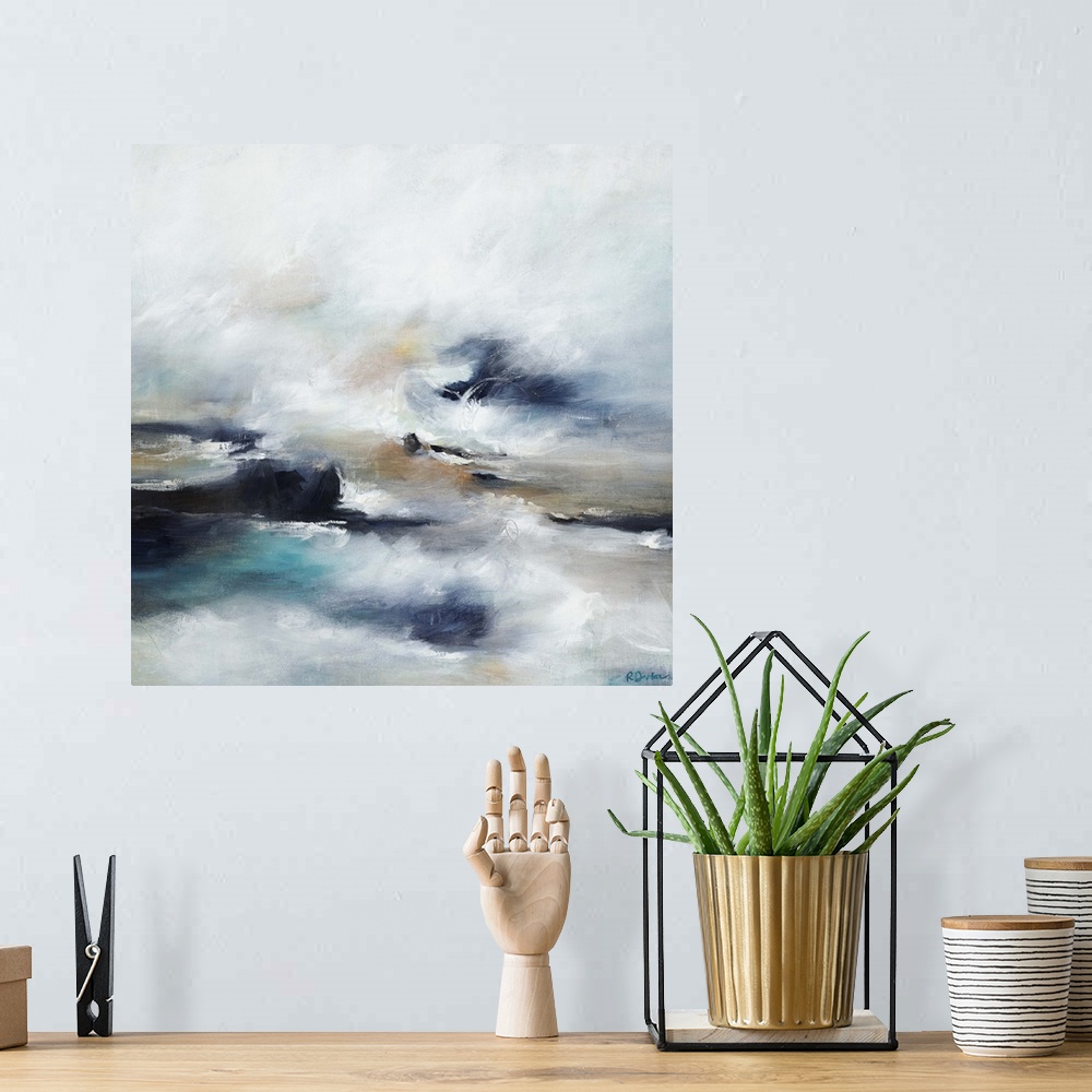 A bohemian room featuring Abstract painting of waves crashing into a rocky shoreline at high tide, beneath a light cloudy sky.