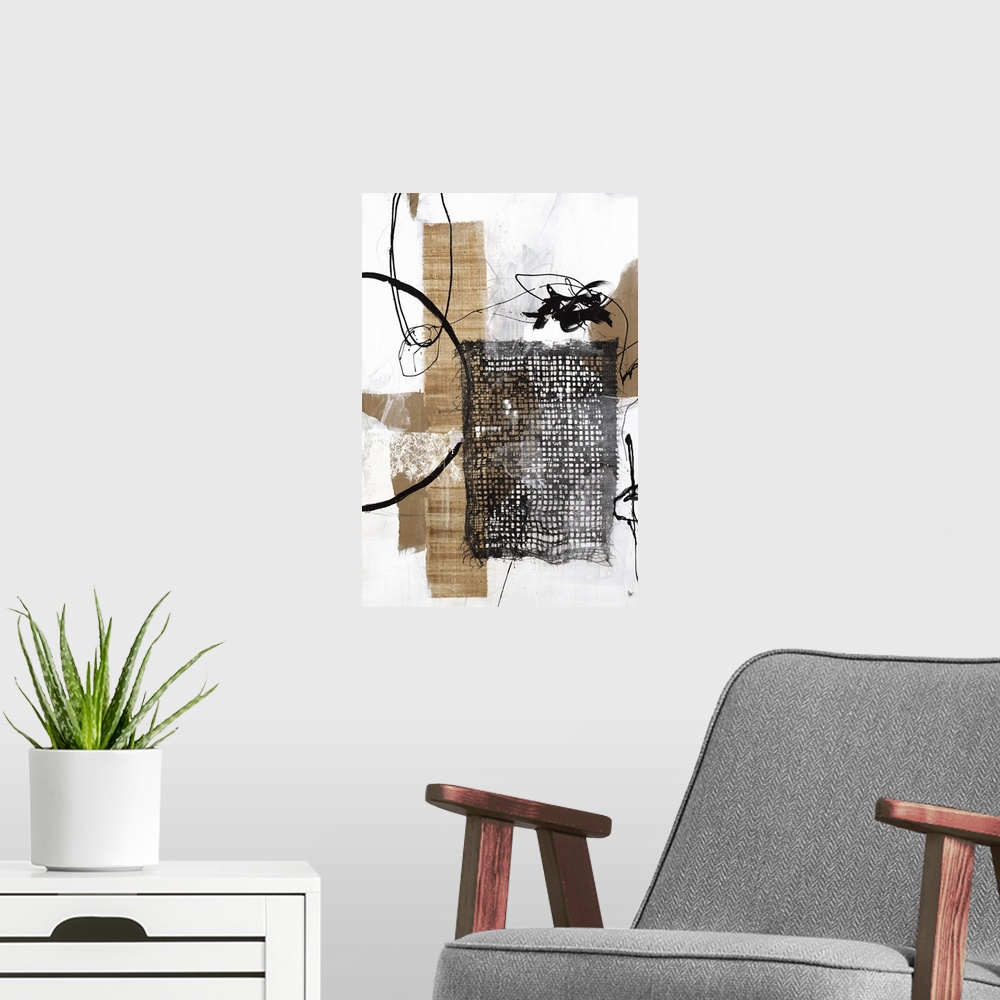 A modern room featuring This vertical collage contains abstract elements that looks like different types of weaved fabric...