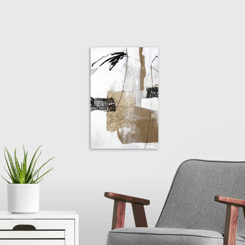 A modern room featuring This vertical collage contains abstract elements that looks like different types of weaved fabric...