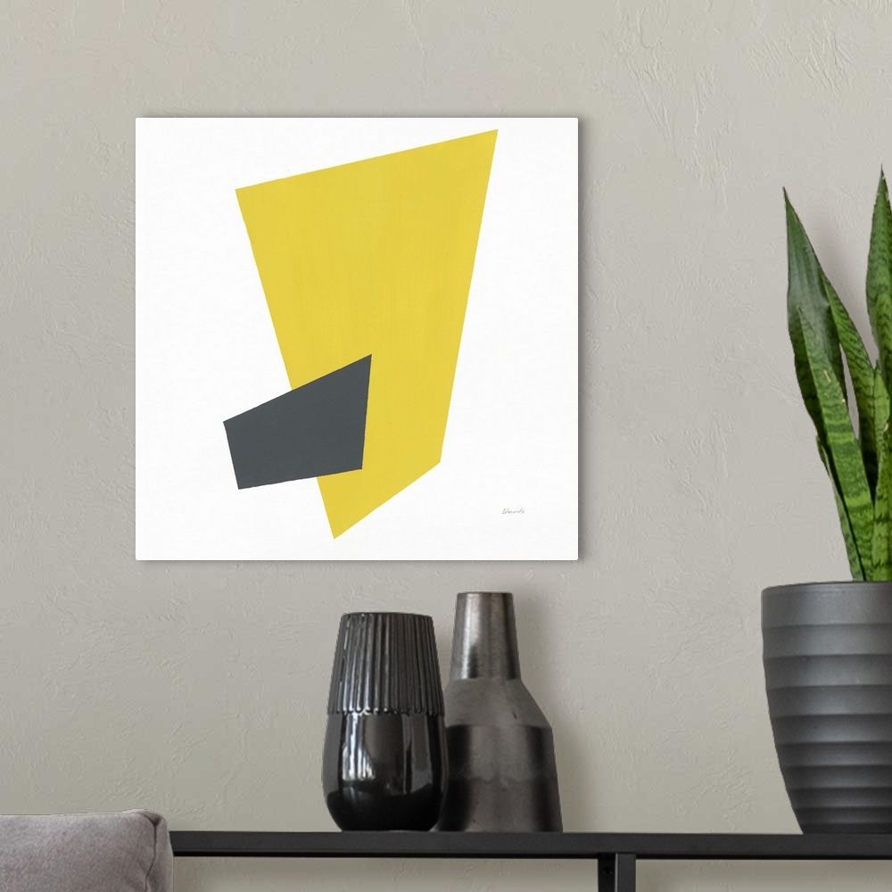 A modern room featuring Contemporary suprematist-style abstract artwork with a yellow and grey block intersecting.