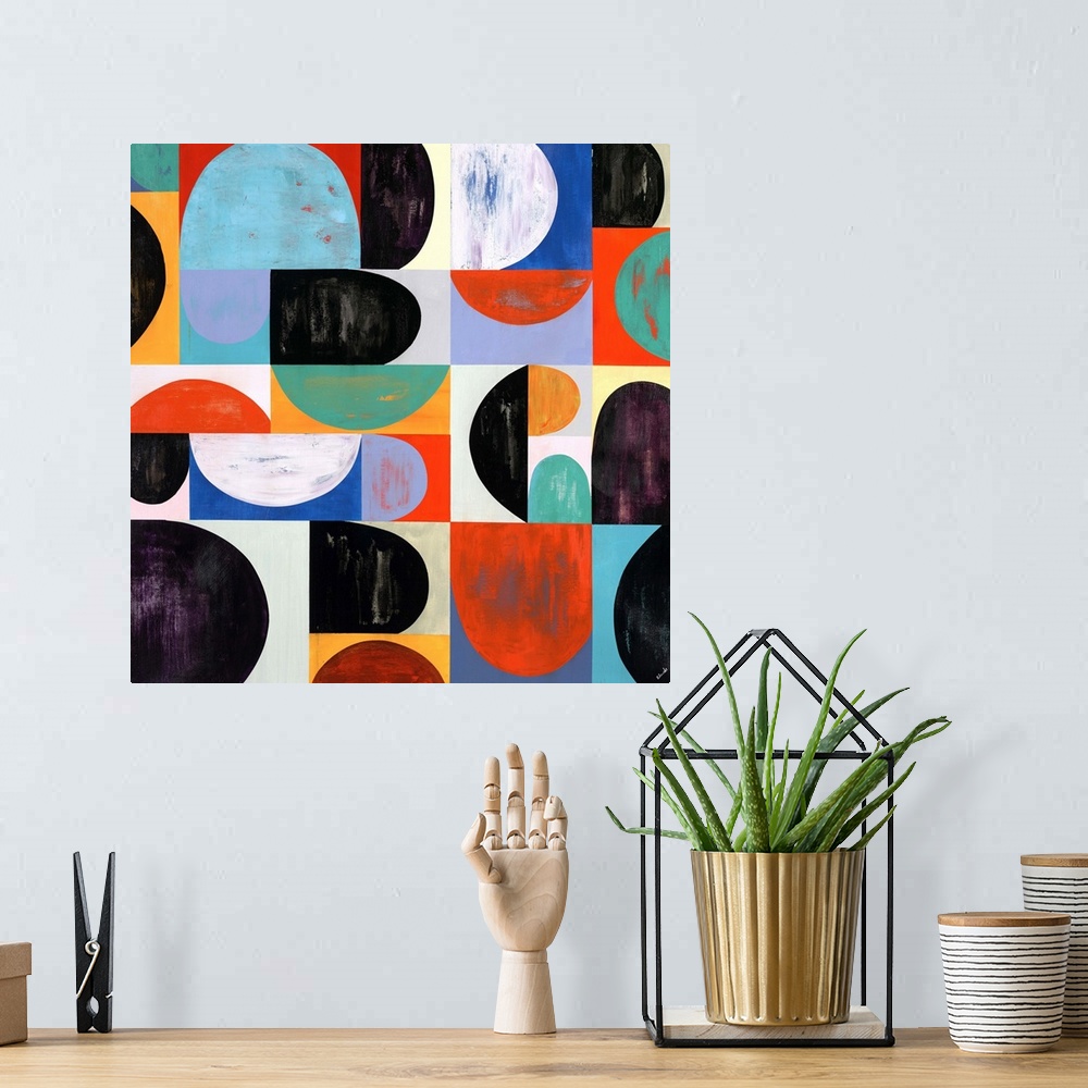 A bohemian room featuring Abstract painting with a mid-century feel using organic shapes in different colors to create obsc...
