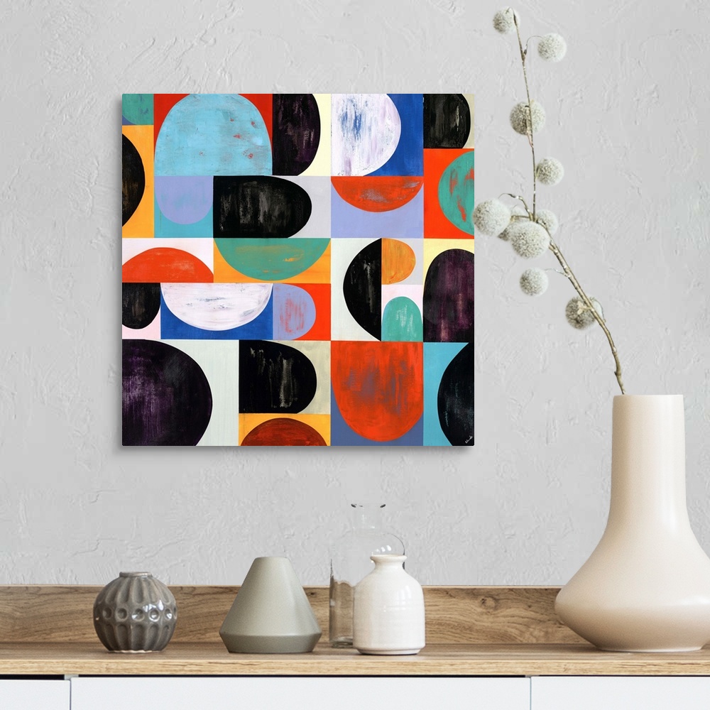 A farmhouse room featuring Abstract painting with a mid-century feel using organic shapes in different colors to create obsc...