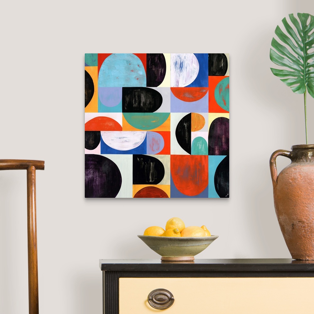 A traditional room featuring Abstract painting with a mid-century feel using organic shapes in different colors to create obsc...