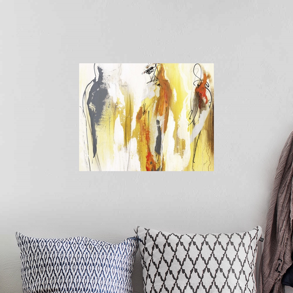 A bohemian room featuring Figurative abstract painting in warm yellow, orange, gray, and brown hues.