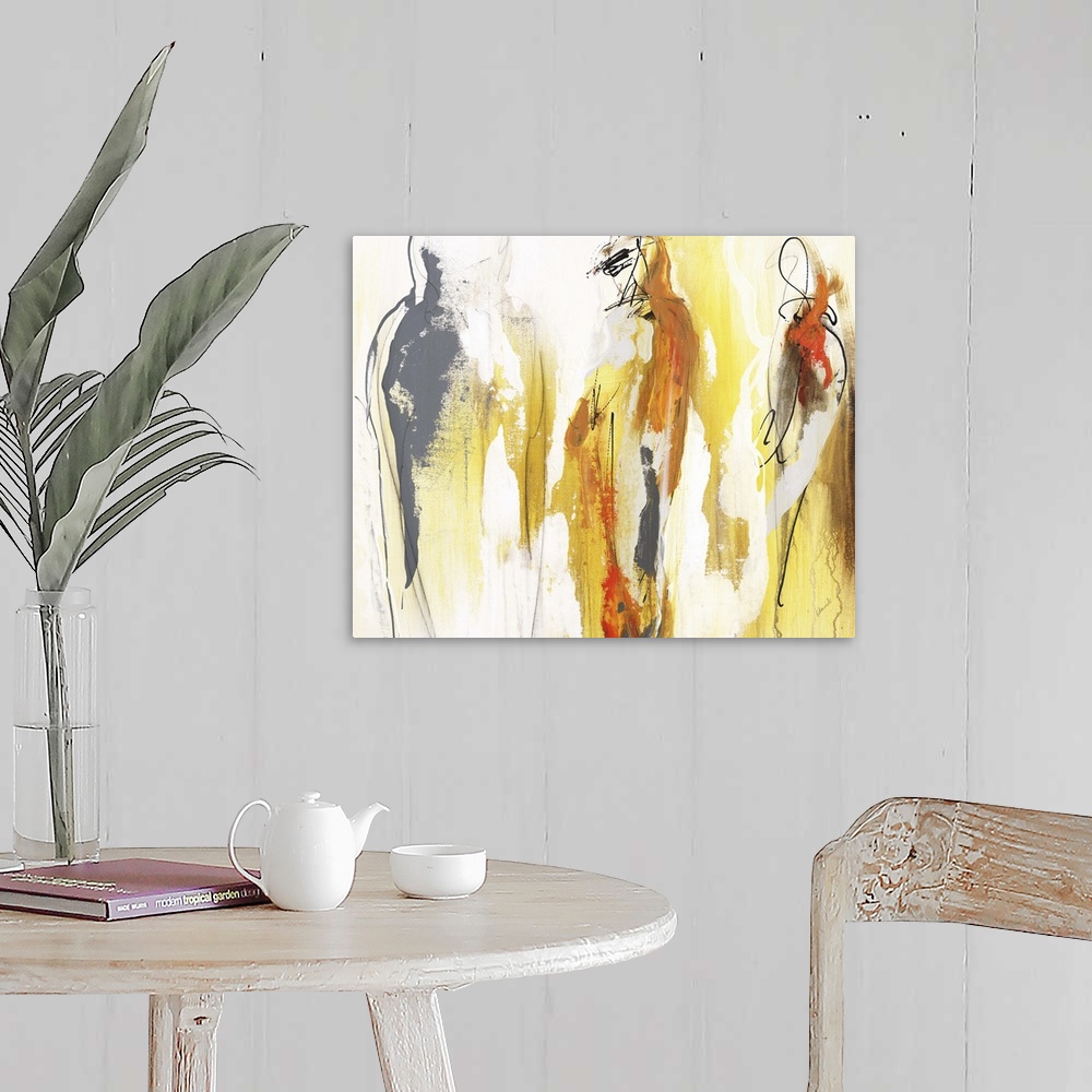 A farmhouse room featuring Figurative abstract painting in warm yellow, orange, gray, and brown hues.