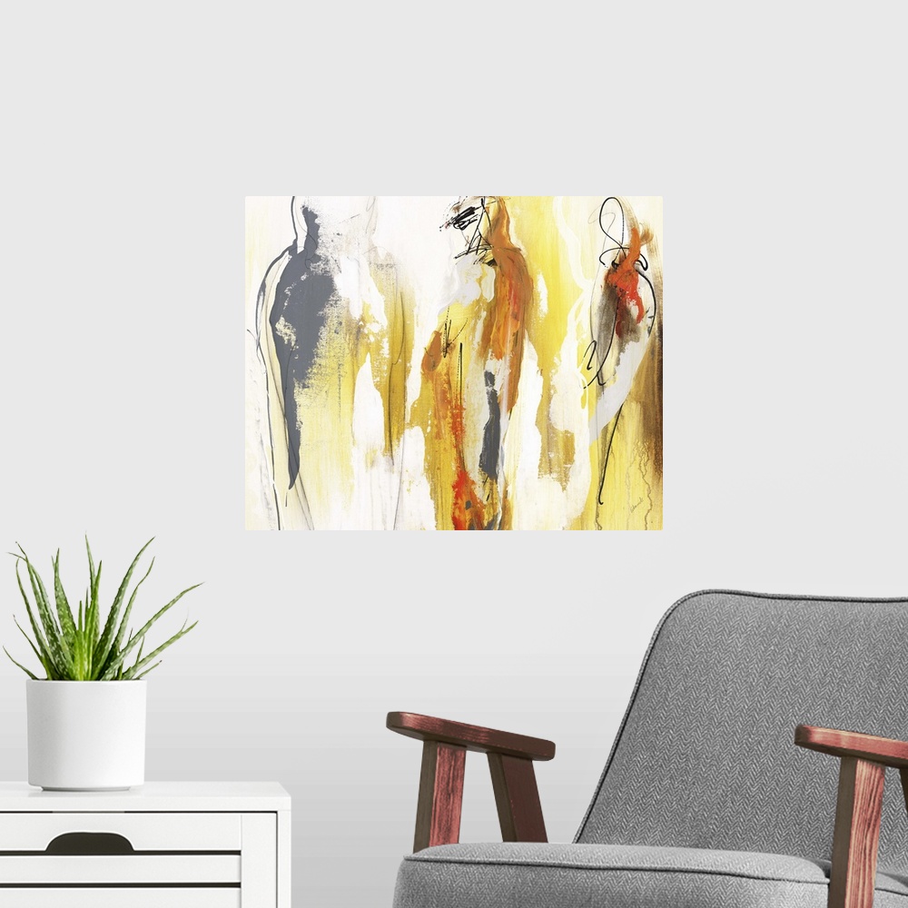 A modern room featuring Figurative abstract painting in warm yellow, orange, gray, and brown hues.