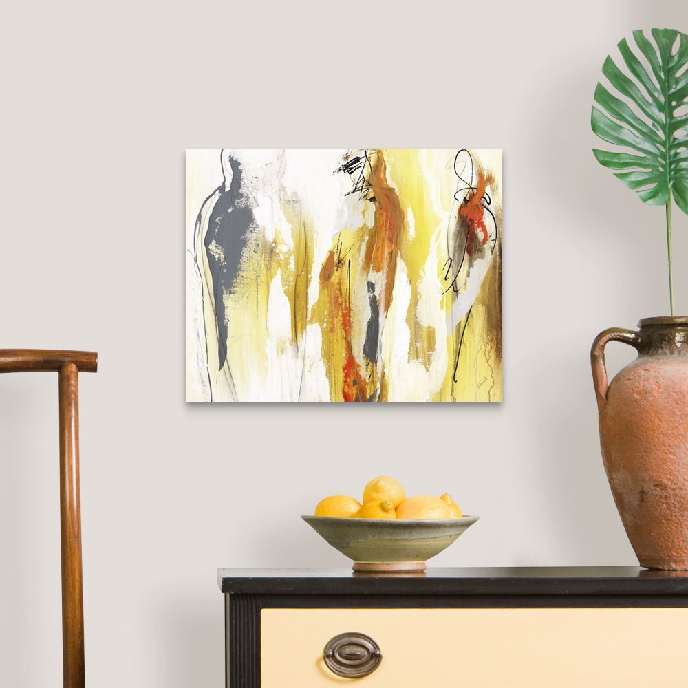 A traditional room featuring Figurative abstract painting in warm yellow, orange, gray, and brown hues.