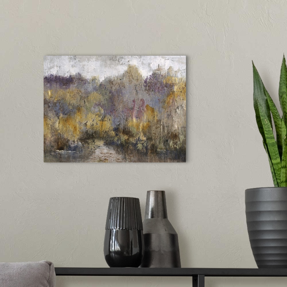 A modern room featuring Contemporary abstract painting using earth tones to create an abstracted forest landscape.