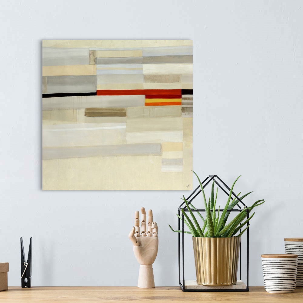 A bohemian room featuring Abstract contemporary art painting of block of neutral horizontal lines with a row of small color...