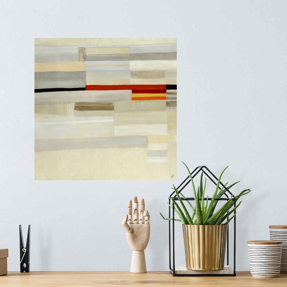 A bohemian room featuring Abstract contemporary art painting of block of neutral horizontal lines with a row of small color...