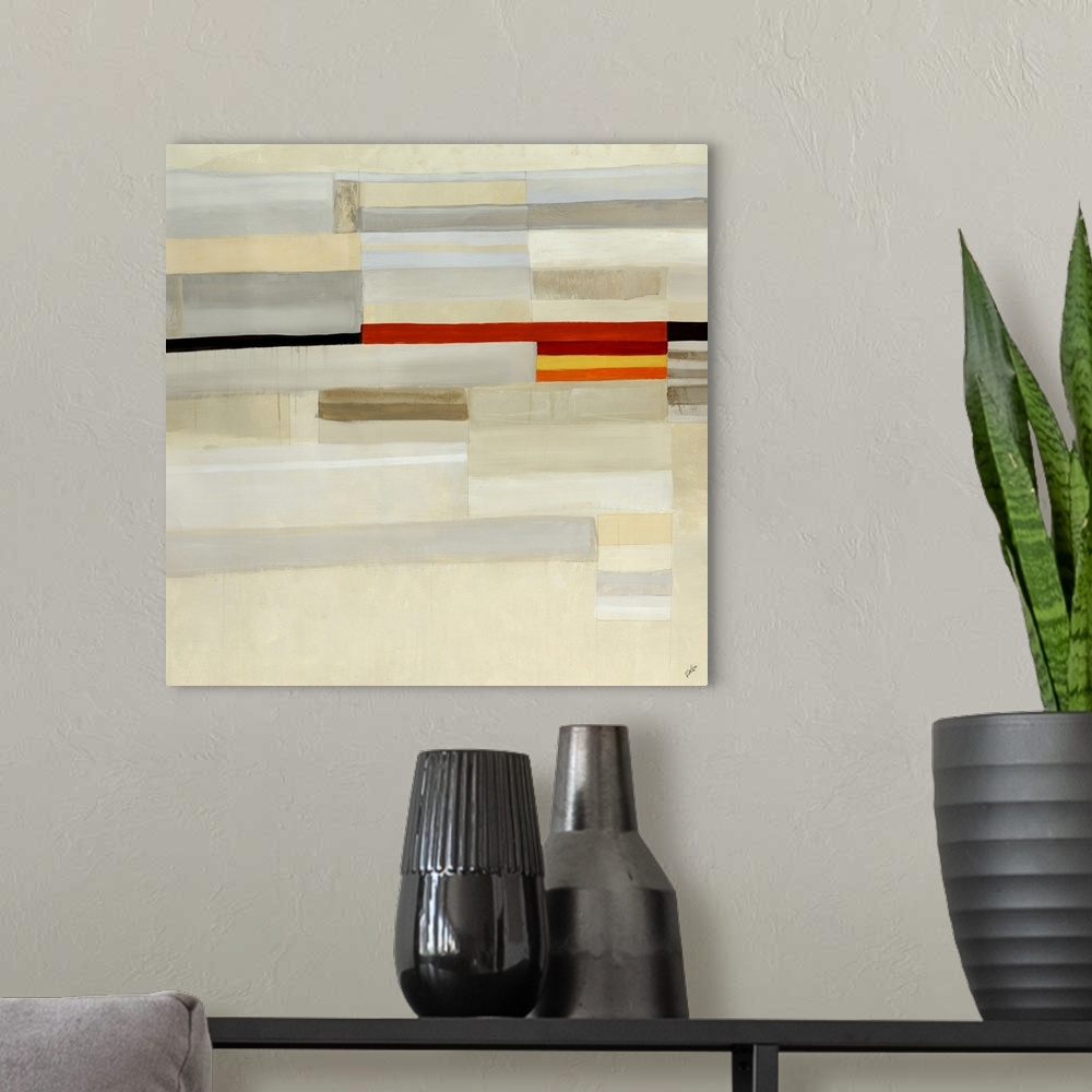 A modern room featuring Abstract contemporary art painting of block of neutral horizontal lines with a row of small color...
