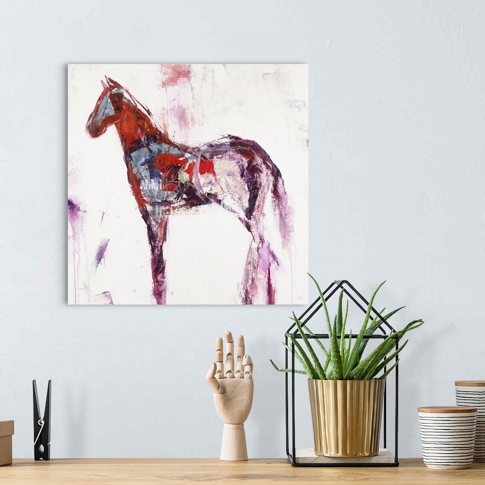 A bohemian room featuring An abstract painting in the form of a horse using bold brush strokes of warm colors of red, magen...