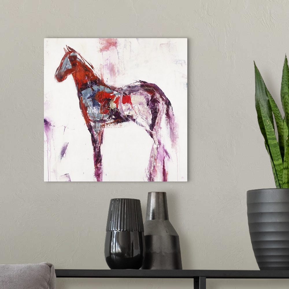 A modern room featuring An abstract painting in the form of a horse using bold brush strokes of warm colors of red, magen...