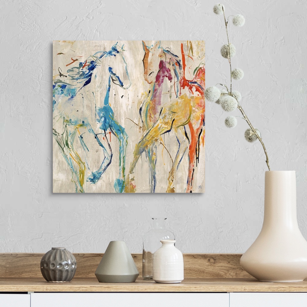 A farmhouse room featuring Contemporary painting of two horse figures in bright blue and red.
