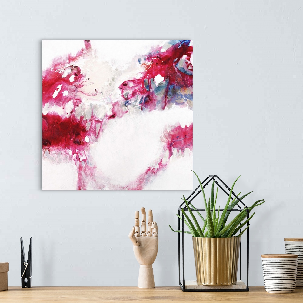 A bohemian room featuring Contemporary abstract painting in shades of bright pink standing out against white.
