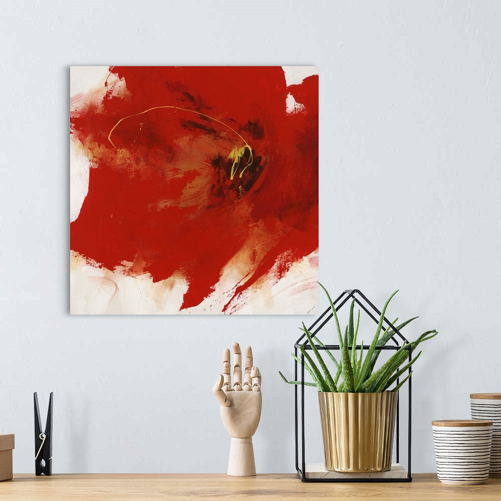 A bohemian room featuring Abstract painting of a large red flower with edges that are spattered and roughly brushed on a so...