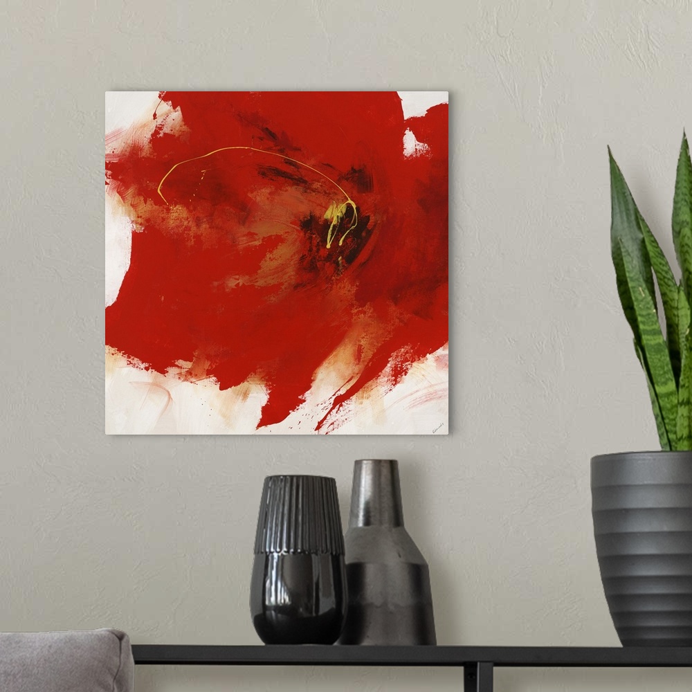 A modern room featuring Abstract painting of a large red flower with edges that are spattered and roughly brushed on a so...