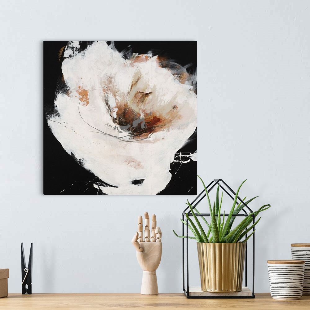 A bohemian room featuring Abstract painting of a large white flower with a dark center, painted with thick brushstrokes and...