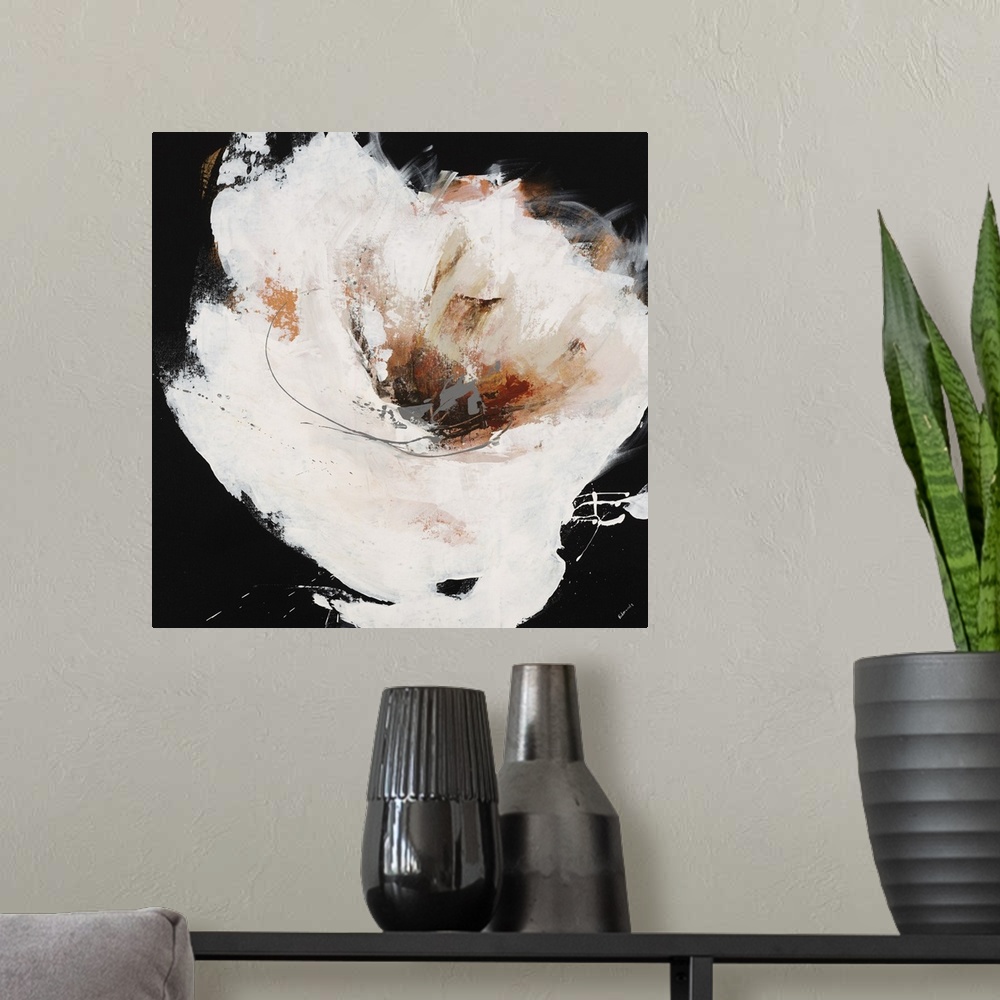 A modern room featuring Abstract painting of a large white flower with a dark center, painted with thick brushstrokes and...