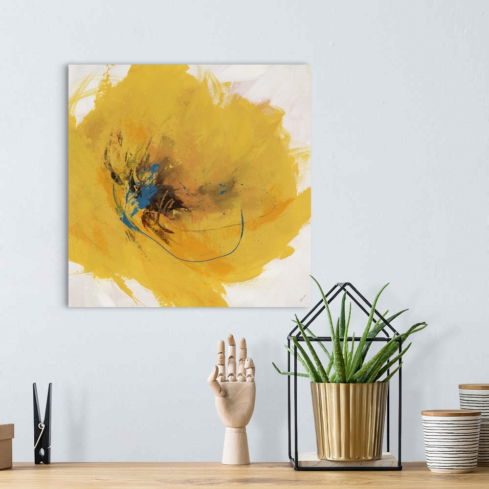 A bohemian room featuring Abstract painting of a large golden flower with a dark center, painted with thick sweeping brushs...