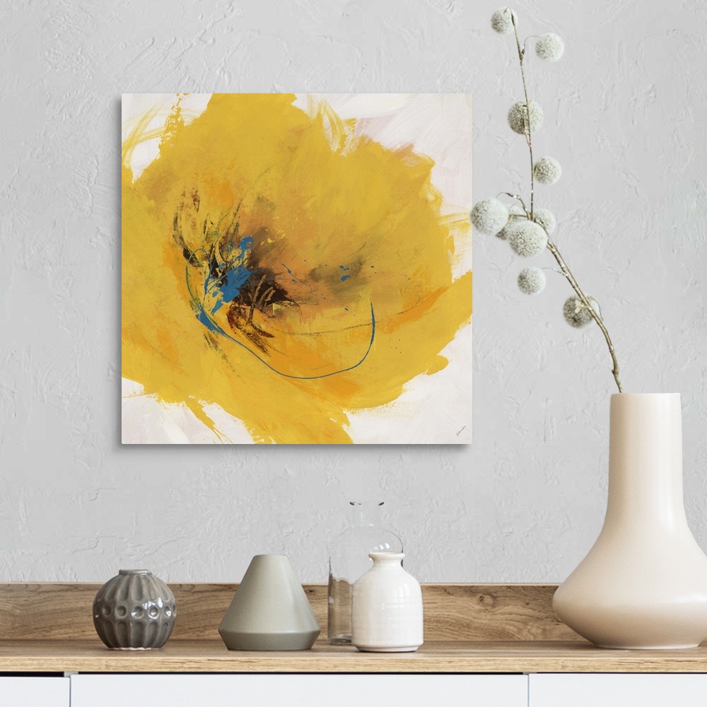 A farmhouse room featuring Abstract painting of a large golden flower with a dark center, painted with thick sweeping brushs...