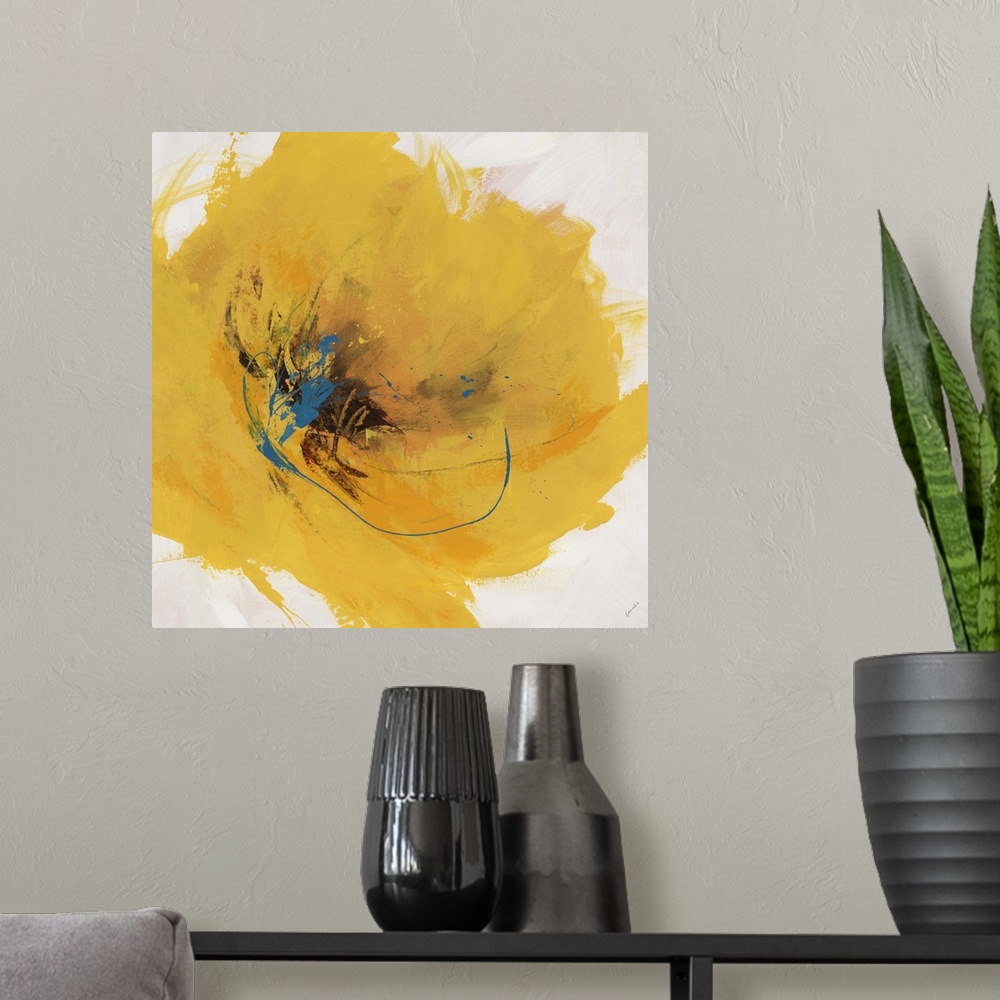 A modern room featuring Abstract painting of a large golden flower with a dark center, painted with thick sweeping brushs...