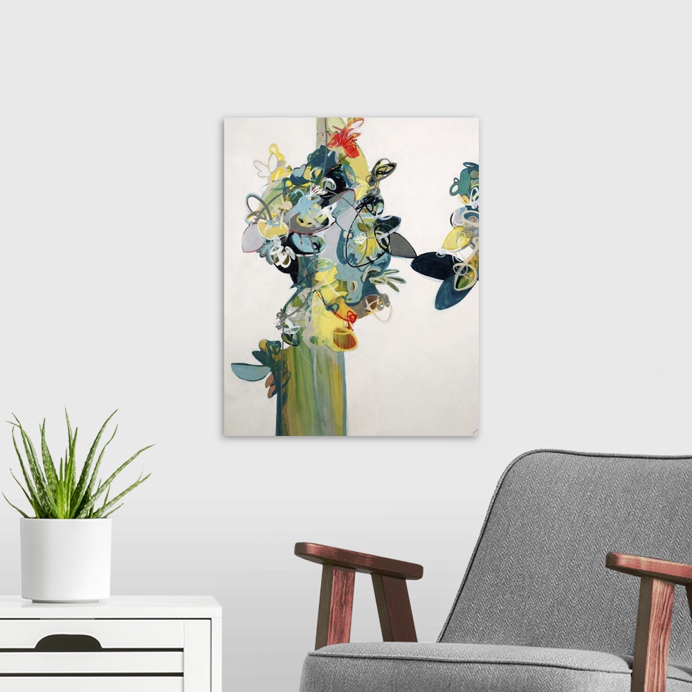A modern room featuring Contemporary abstract painting colorful obscure shapes against a neutral background.