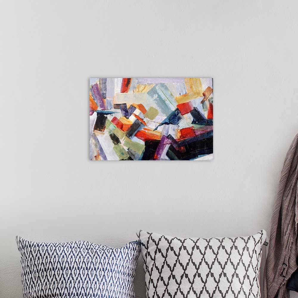 A bohemian room featuring Large abstract painting with thick, angled, brushstrokes of color moving in all directions and la...