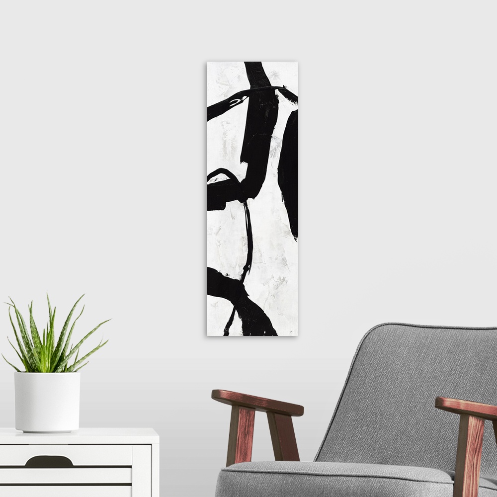 A modern room featuring Black and white abstract panel panting with bold brushstrokes creating movement up and down the c...