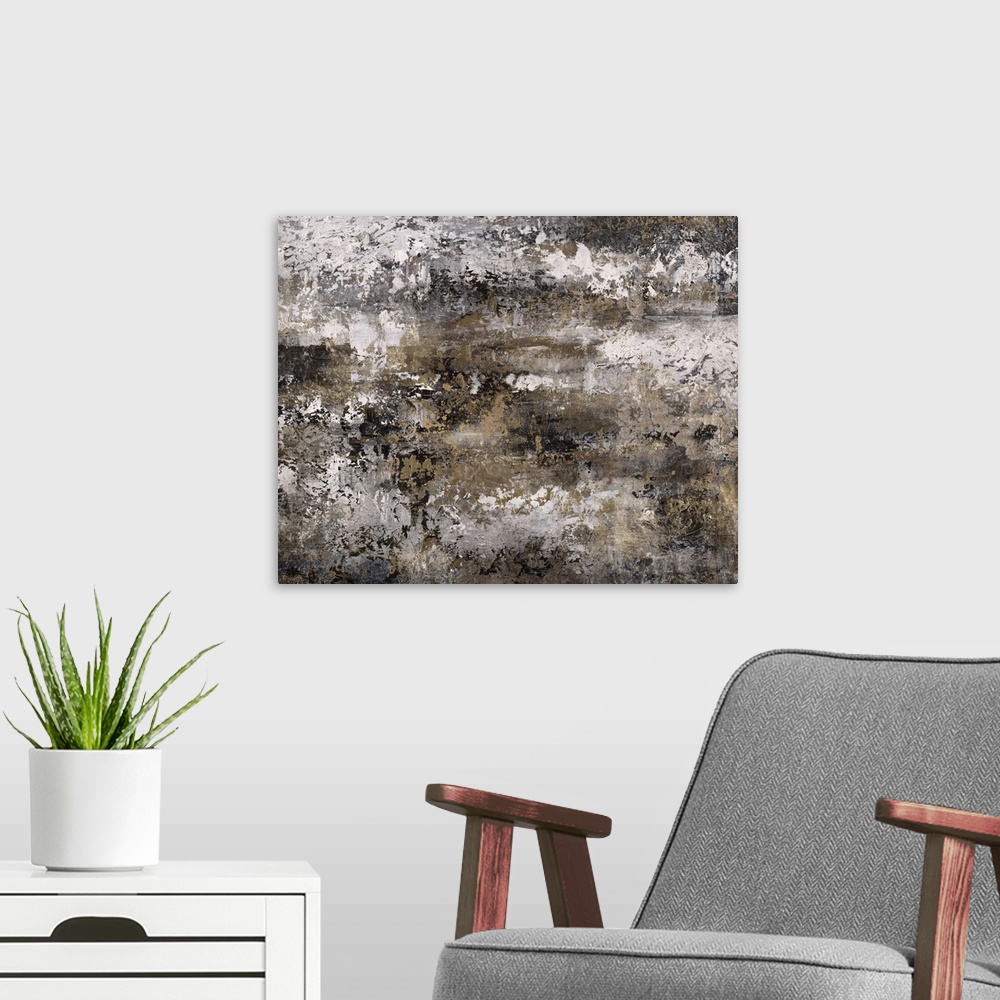 A modern room featuring Abstract painting using textured looking gray tones to form what almost appears as a landscape.