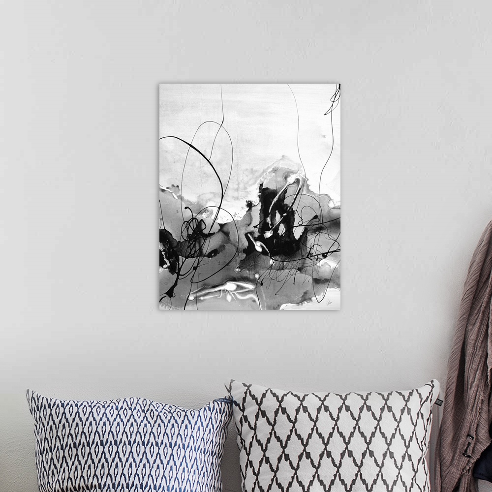 A bohemian room featuring Black, white, and gray contemporary abstract painting with thin black squiggly lines on top of mo...