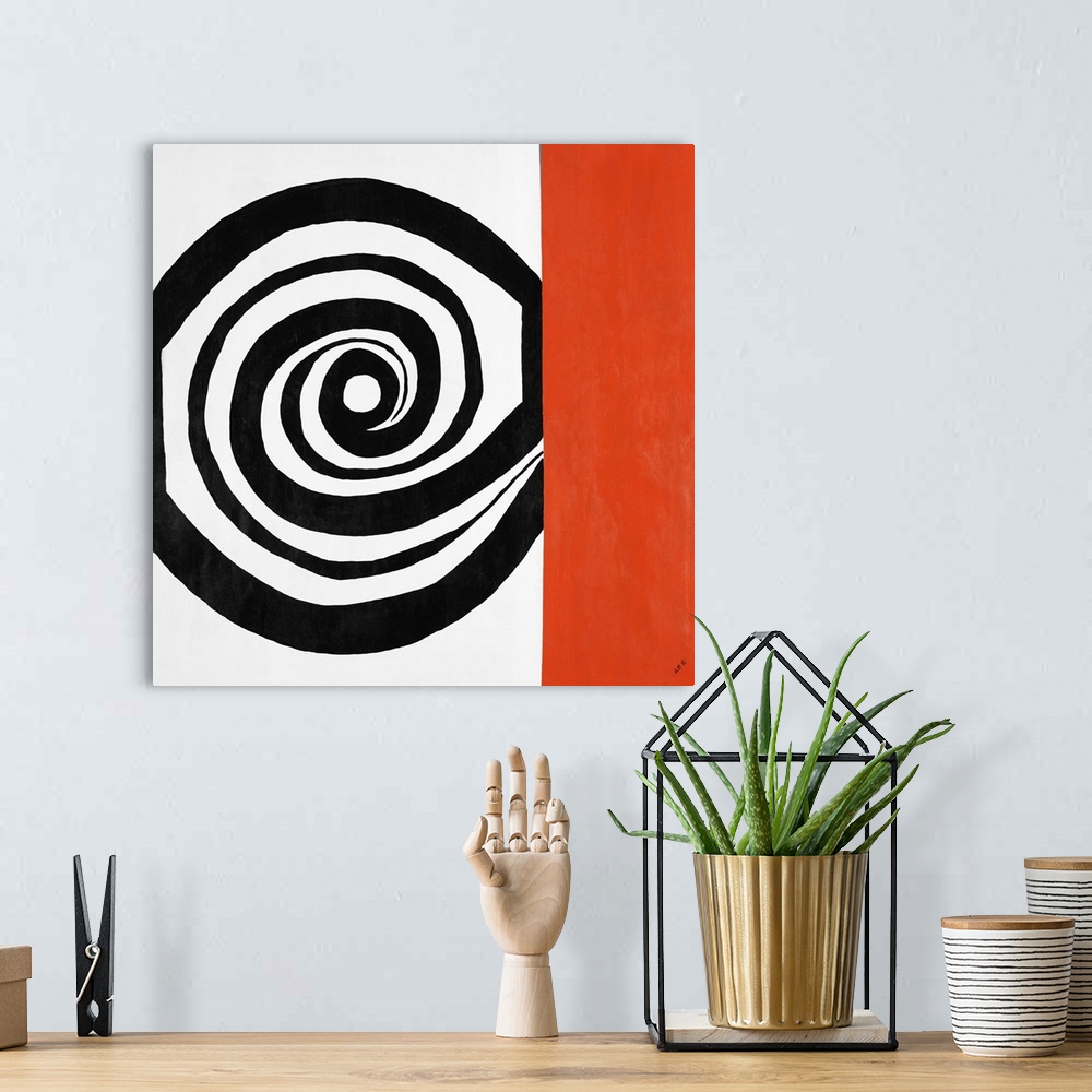 A bohemian room featuring Contemporary abstract painting of a black spiral shape next to a vertical red rectangle.