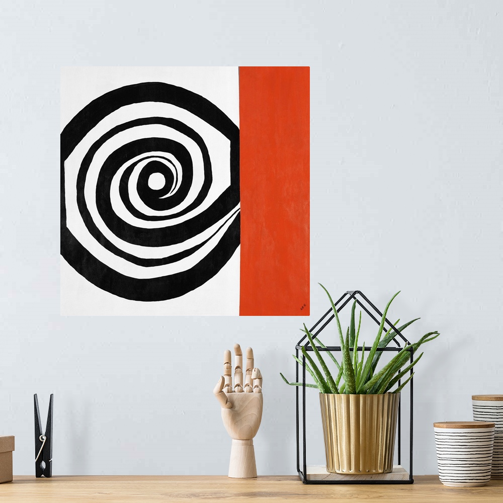 A bohemian room featuring Contemporary abstract painting of a black spiral shape next to a vertical red rectangle.