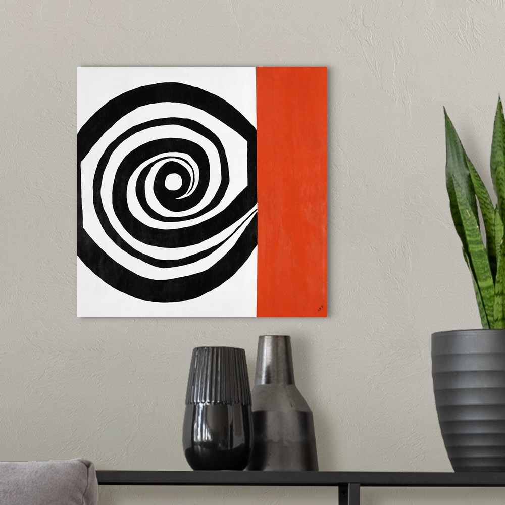 A modern room featuring Contemporary abstract painting of a black spiral shape next to a vertical red rectangle.